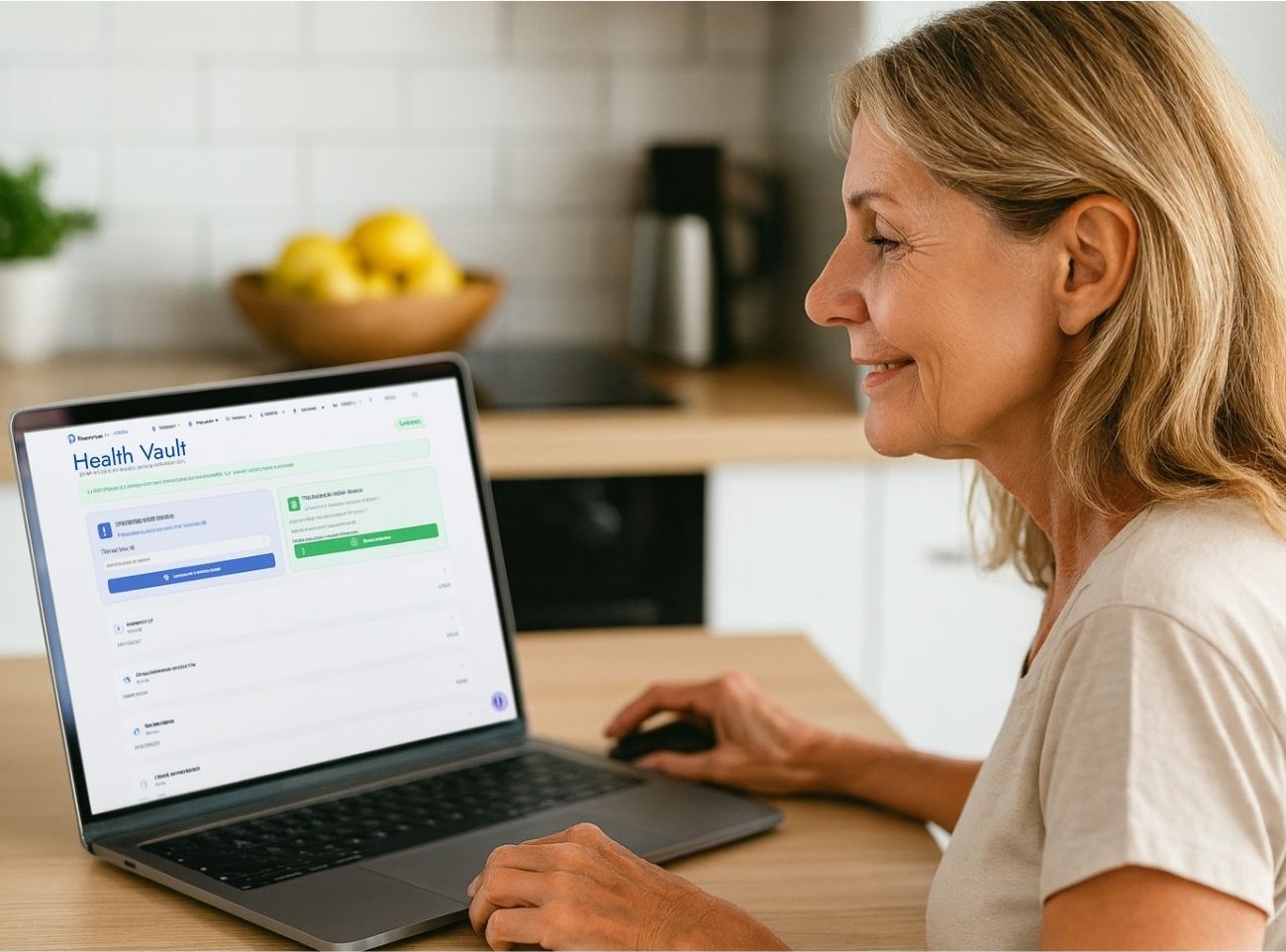 Woman managing her health vault on laptop